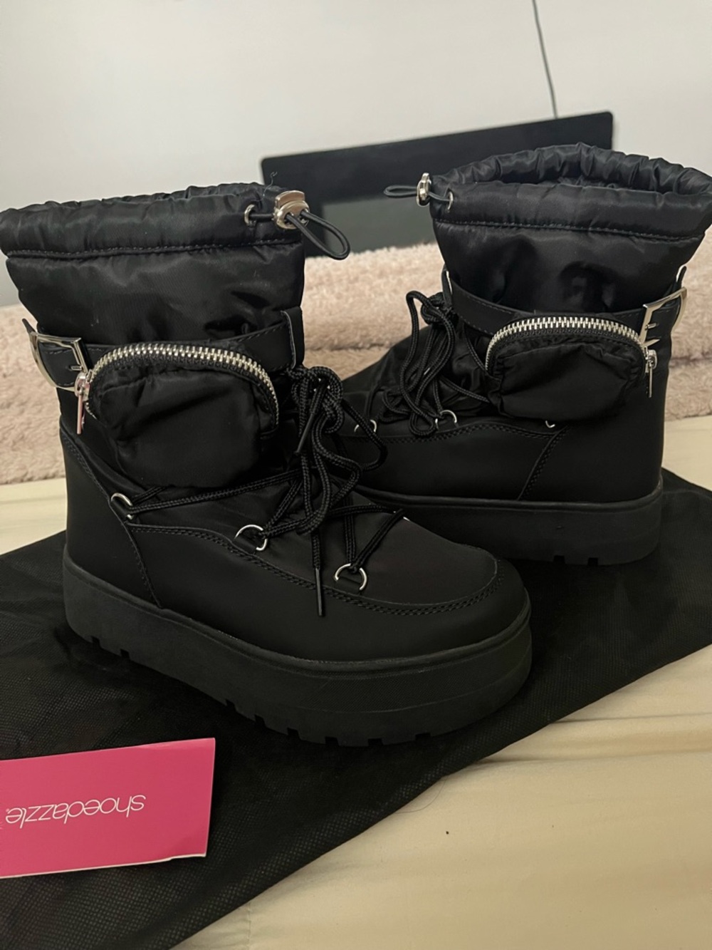 Women’s Black Puffer Lace-Up Platform Boots with Zip Pocket